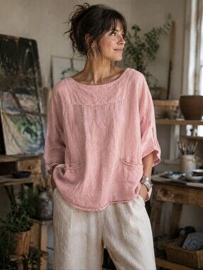 Samansa Mos2 Casual Linen Tunic Top in Blush Pink